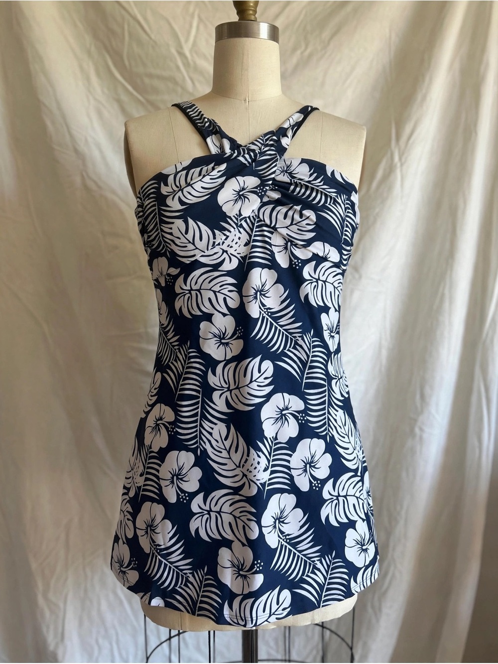 Kate Kasin M Swim Dress ONLY No Bottoms Navy Hibiscus Lined Removable Cups NWT